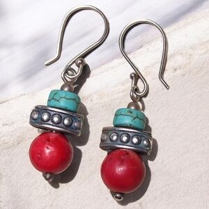 Vintage Sterling Silver Red Coral Turquoise Stone Southwestern Dangle Earrings